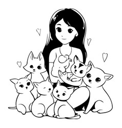 Cute Little Girl With A Group Of Cats