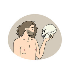 Neanderthal Man With Ancestor Skull In Hands