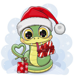 Cartoon Snake In Santa Hat With Gift On A Blue