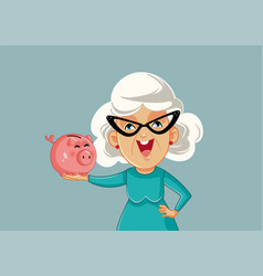 Cheerful Grandma Holding A Piggy Bank Cartoon