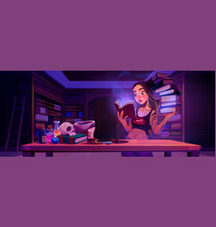 Girl Open Book In Magic School Library Background