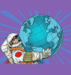 Astronaut Man Holds In His Hands The Planet Earth