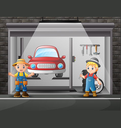 Auto Repair Shop Service Workers Cartoon Indoor