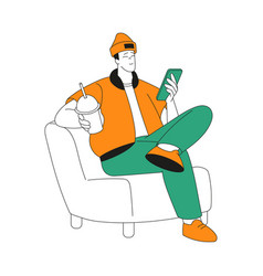 Man Character Sit With Smartphone Use Food