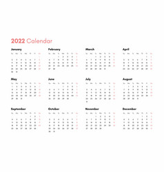 Pocket Calendar On 2022 Year Horizontal View