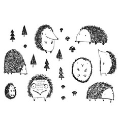 Set Of Cute Sketch Hand Drawn Hedgehogs