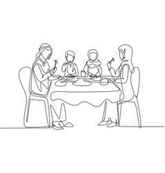 Continuous One Line Drawing Arabian Family Eating