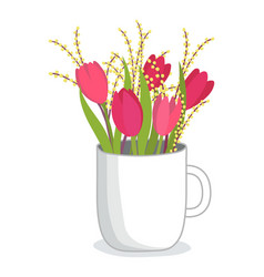 Red Tulips And Yellow Mimosa Flowers In White Mug