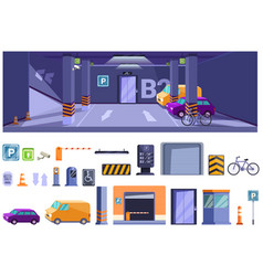 Underground Parking Lot Icons Set Cartoon