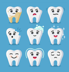 Tooth Emoji Set Cartoon Style On Blue Background