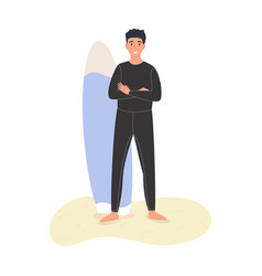 Young Male Standing On The Beach With Surfboard