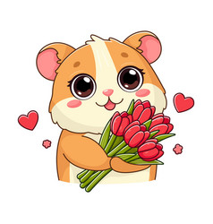 Sticker With Cute Hamster Holding Bouquet Of Red