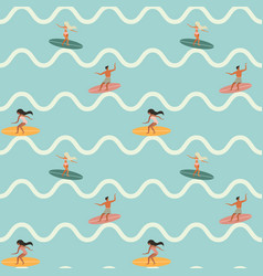 Vintage Surfing People On Waves Seamless Pattern