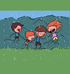 Kids Playing In Rainy Day Spring Stock