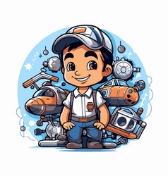 Cute Cartoon Boy With Different Types Of Robots