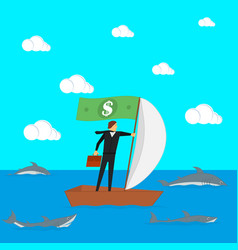 Businessman On A Sailing Boat Surrounded By Sharks