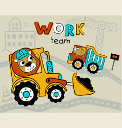 Cartoon Lion And Rhino Drive Construction Vehicle