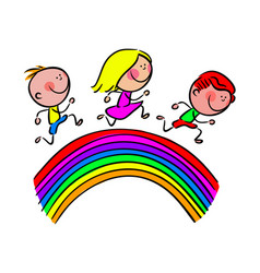 Happy Little Children Running On A Rainbow Stock