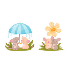 Pair Cute Mice Sitting Under Umbrella