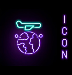 Glowing Neon Line Globe With Flying Plane Icon