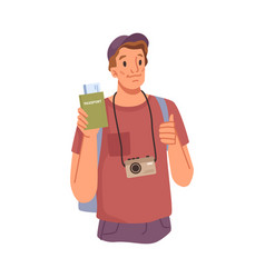 Male Character With Passport And Camera Tourist