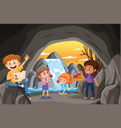 In Cave Scene With Children Exploring Cartoon