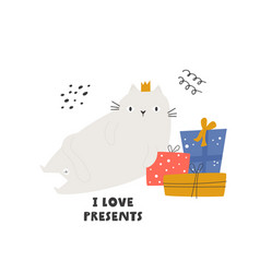 Flat Of A Funny Cat With Gift Boxes