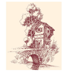 Rustic House Exterior Sketch Stone Bridge