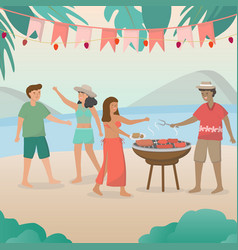 Two Couples Picnic On The Beach And Grill Bbq