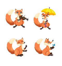 Set Of Cute Hand-drawn Foxes Playing Violin