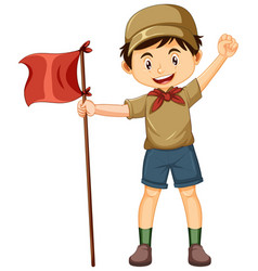 Camping Boy With Red Flag On White Background