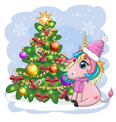 Cute Cartoon Unicorn In Santa Hat Near Christmas