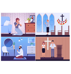 Set Of People Praying At Home And In Church Cards