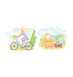 Blond Woman Riding Bicycle And Travel Bag With Map