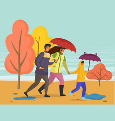 Family Walking In Rain With Umbrella