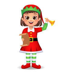 Girl Kid In Elf Dress With Letter And Ringing Bell