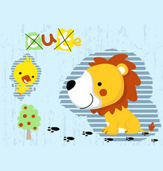 Cute Lion Cartoon With Little Bird