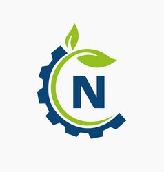 Letter N Gear Leaf Logo Design Template Leaf