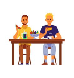 Two Men Eating Food Sitting Behind Table People