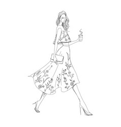 Women Walking Whit Coffee Retro Old Line Art