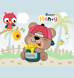 Cute Bear Cartoon Hugging Jar Honey With An Owl