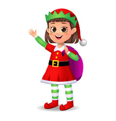 Girl Kid In Elf Dress With Bag And Saying Hi