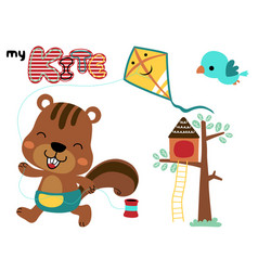 Funny Squirrel Cartoon Playing Kite With A Bird