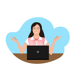 Woman Meditating In Front Of A Laptop In Office