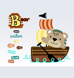 Funny Bear Cartoon In Sailor Costume On Sailboat