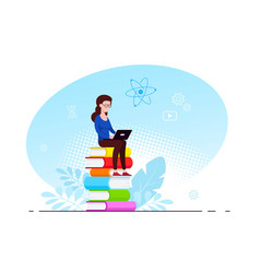 Woman Sitting On Stack Of Books With Laptop