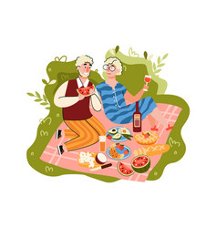 Elderly Couple Having Picnic Outdoors Cartoon