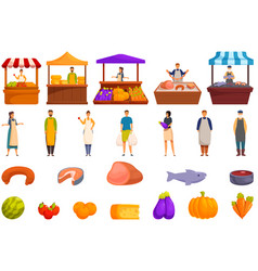 Street Food Fruit Market Icons Set Cartoon