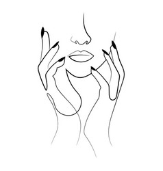 One Line Drawing Abstract Woman Face With Hands