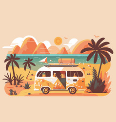 Summer Vacation Surf Bus Flat Tropical Beach